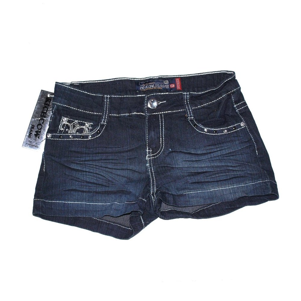 Rich Cow Stretch Denim Shorts With Rhinestone Decoration